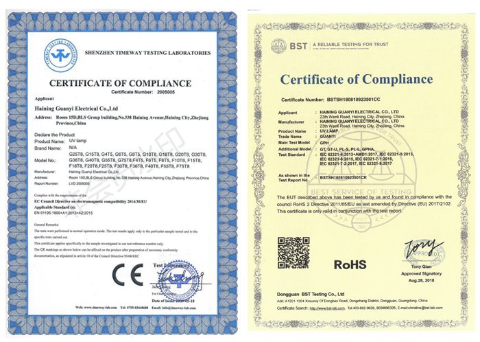 certification of GPHA1000T5L UV light for water system